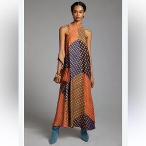 FARM RIO ANTHROPOLOGIE Halter Maxi Dress color block size medium